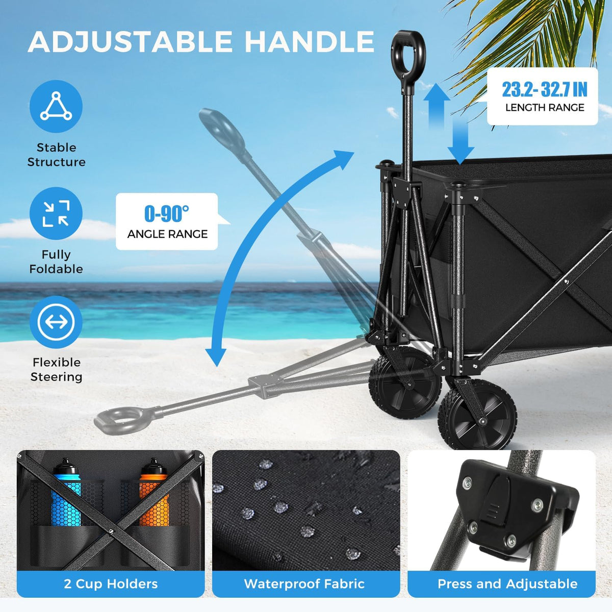 Collapsible Wagon Carts with Large Capacity, Foldable Grocery Cart with Side Pockets for Outdoor,Utility Beach Wagons Heavy Duty,300lb Load-Bearing for Camping, Garden, Sports, Shopping-Black
