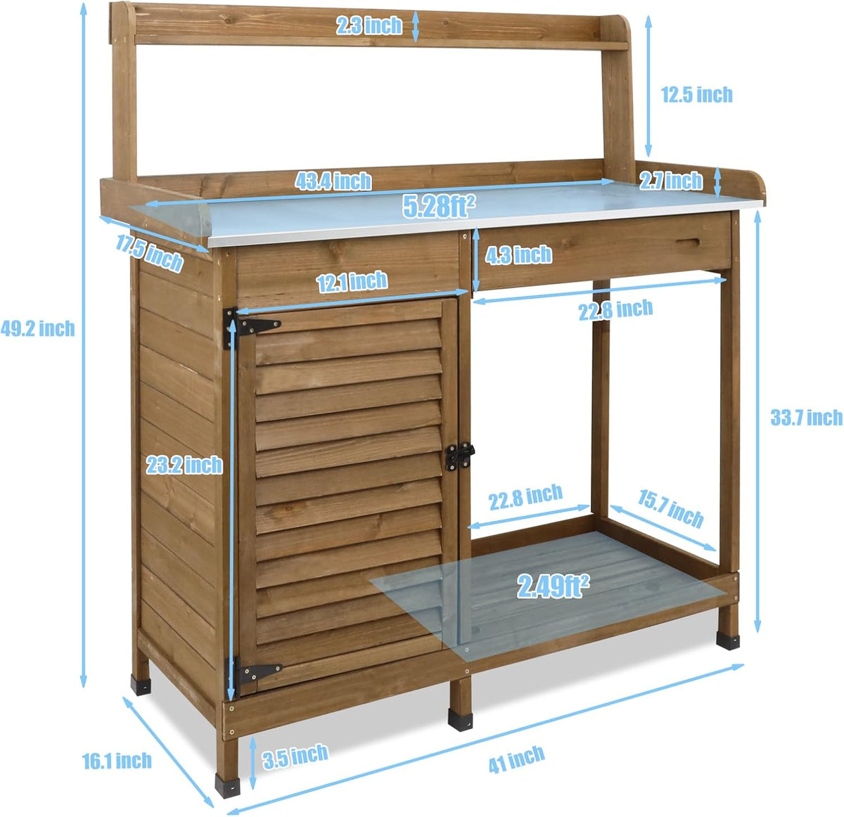 Outdoor Garden Potting Bench Table, 41" L Wooden Potting Table Work Bench for Horticulture, Waterproof Workstation Table with Metal Tabletop/Cabinet/Drawer/Open Shelf (Brown)
