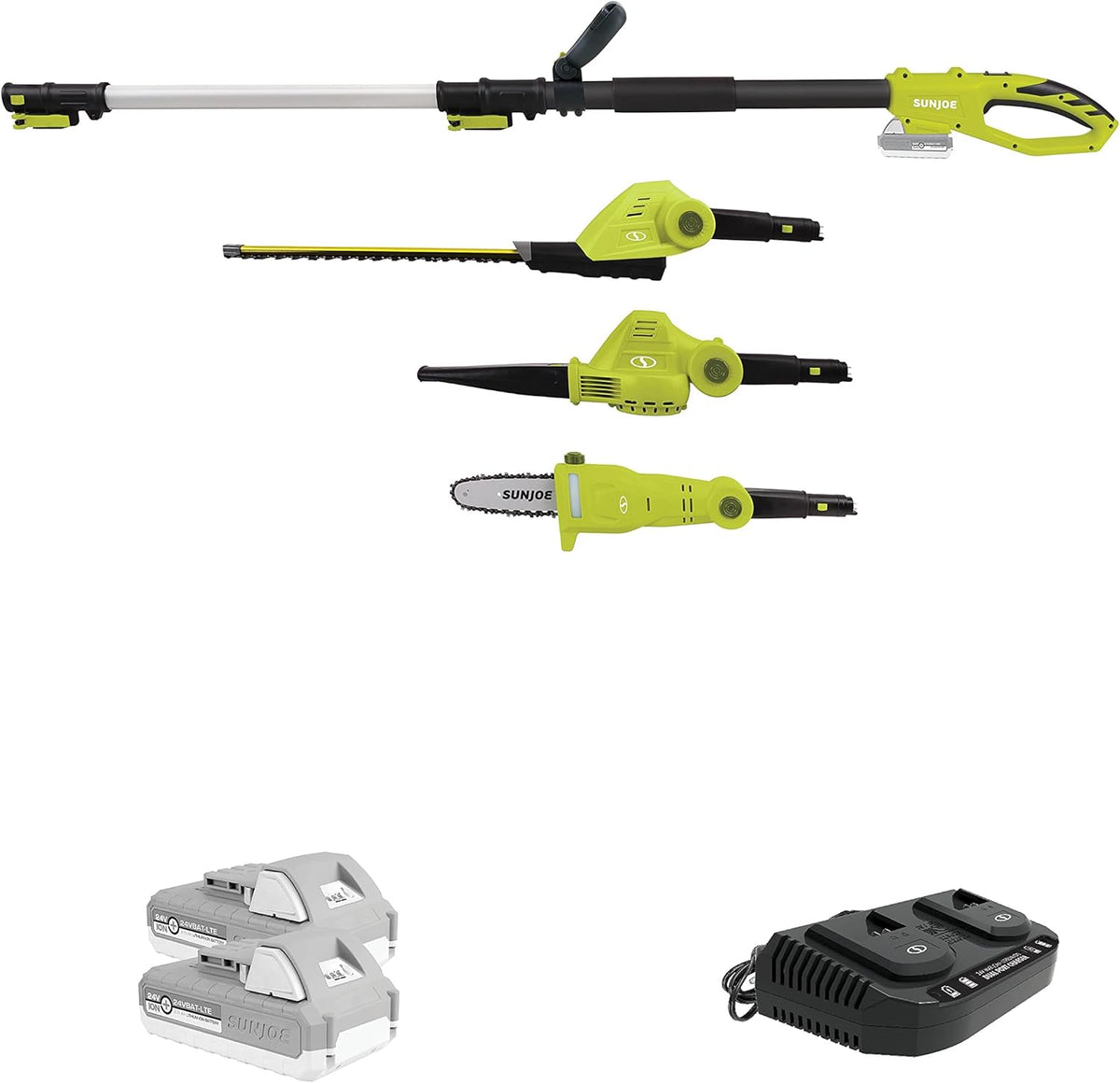 Sun Joe 24V-GTS4004-XT 24V IONMAX Blower,Hedge Trimmer & 8-in Pole Saw Kit w/2x24V 2.0-Ah Batt, Charger & Pole