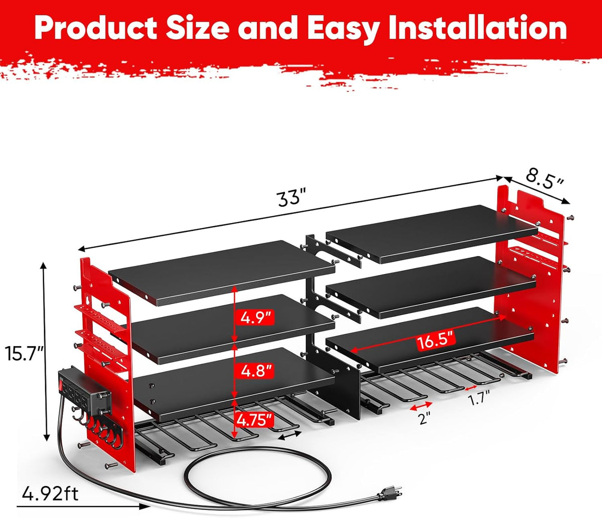 Large Power Tool Organizer Wall Mount with Charging Station,4 Layer Heavy Duty Metal Tool Storage Shelf Loads 600lbs,Battery Utility Rack With 4 Outlet Power Strip with 8 Cordless Drill Holder