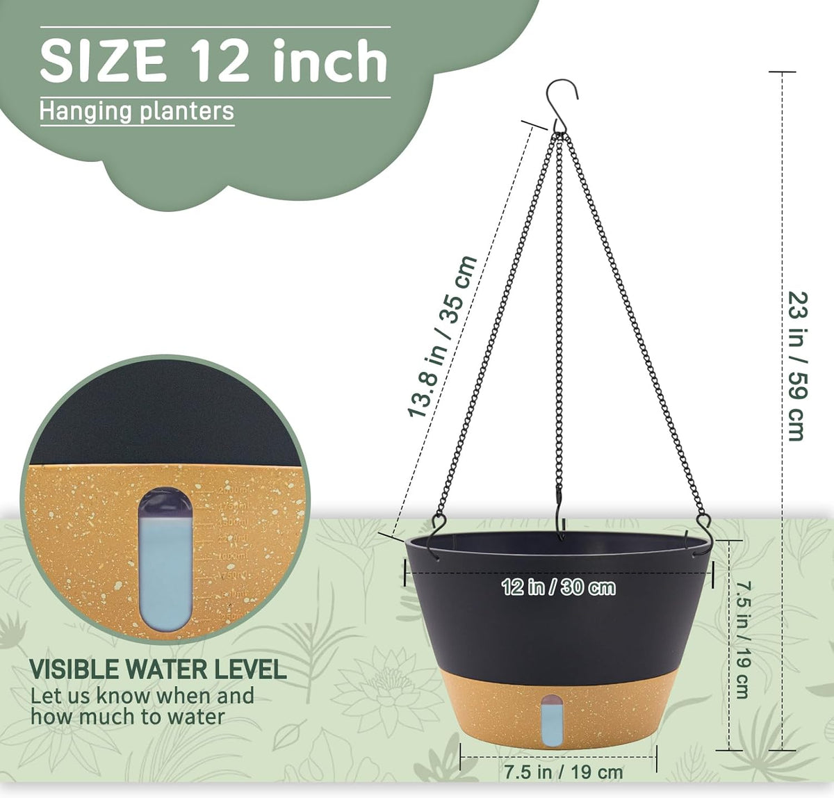 ZMTECH 12 Inch Hanging Planters for Indoor Plants, 2 Pack Self Watering Hanging Planter with Visual Reservoir, Hanging Pots for Plants Outdoor with Drainage Hole and Plant Hanger(Gray)