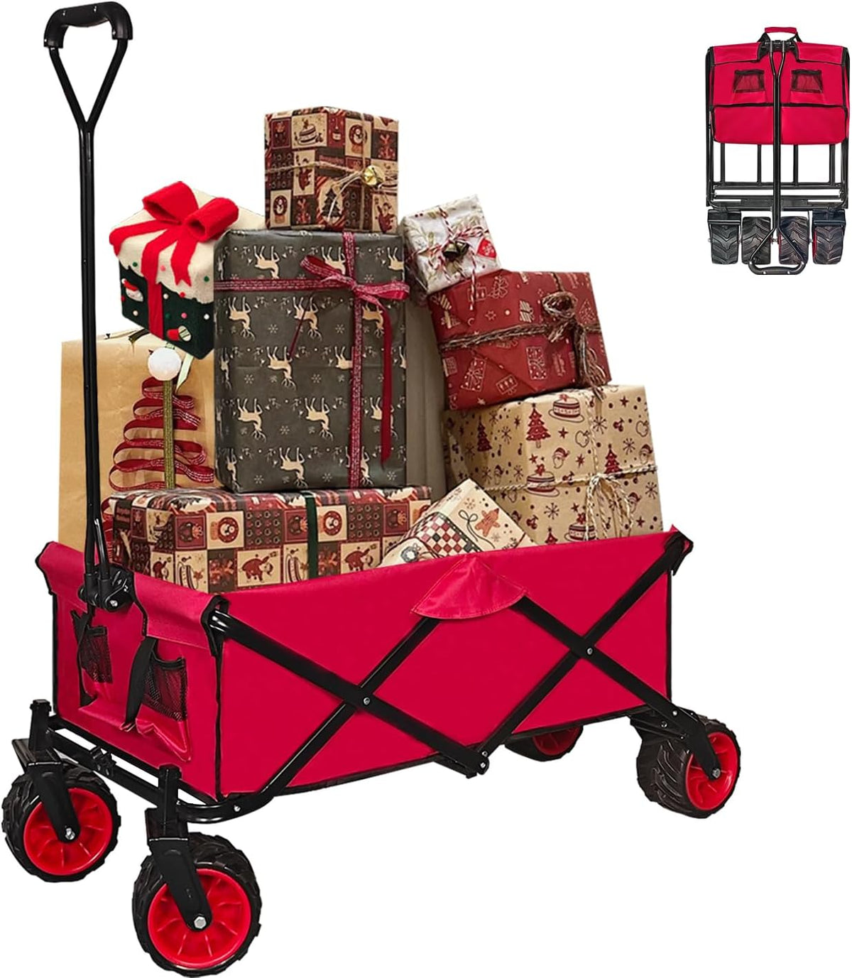 Collapsible Foldable Wagon Cart, Heavy Duty Folding Wagon with Big All-Terrain Beach Wheels, Portable Utility Garden Cart with 330lbs Weight Capacity for Camping Fishing & Outdoor Use