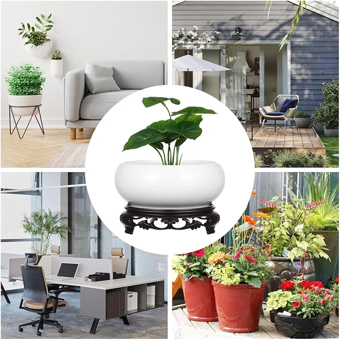 Ceramic Chinese Pot with Base White Water Lily Bowl 6Inch Porcelain Lotus Pot Jardiniere Planter Oriental Fish Bowl Bonsai Vase