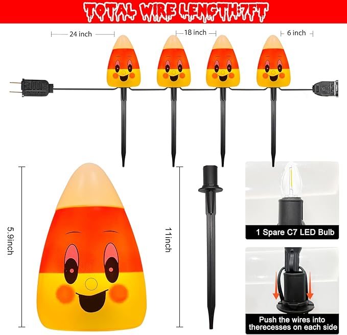 Halloween Candy Corn Pathway Lights Outdoor, 7Ft C7 LED Halloween Decorations Candy Corn Pathway String Lights Waterproof with 4 Stakes for Halloween Outdoor Garden Walkway Driveway Lawn Party Decor