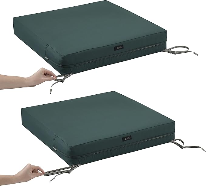 Classic Accessories Ravenna Water-Resistant 23 x 23 x 5 Inch Square Patio Seat Cushion Slip Cover & Foam, Mallard Green, Lounge Chair Cushion