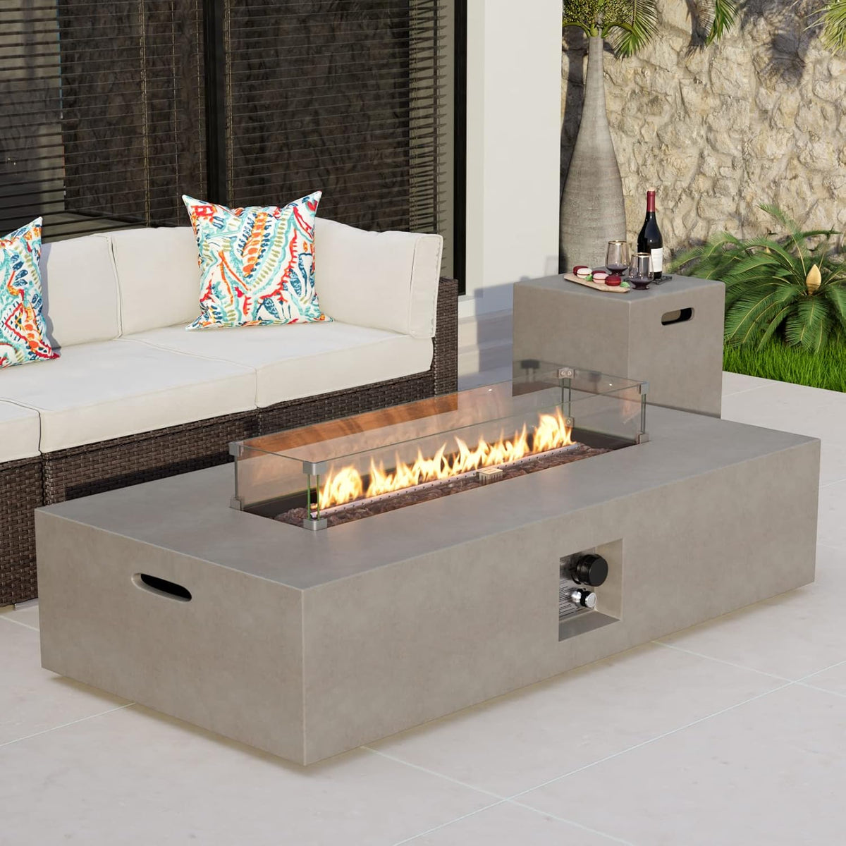 COSIEST 2-Piece Outdoor Propane Fire Table Set, Rectangle Concrete 56" x 28" Gray Fire Pit (CSA Certified, 50,000 BTU) w 20lb Tank Table, Wind Guard, Waterproof Cover for Garden, Porch, Backyard
