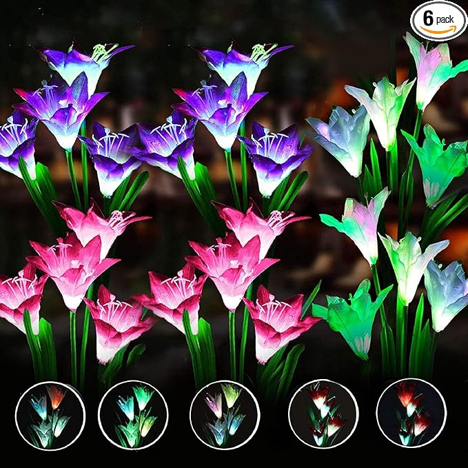 ANGMLN 6 Pack Solar Flowers Lights,24 Bigger Head Solar Lily Flowers, 7 Color Changing Pathway Lamps for Garden Patio Yard Party Wedding Holiday Outdoor Garden Stake Decoration (Purple2&White2&Pink2)