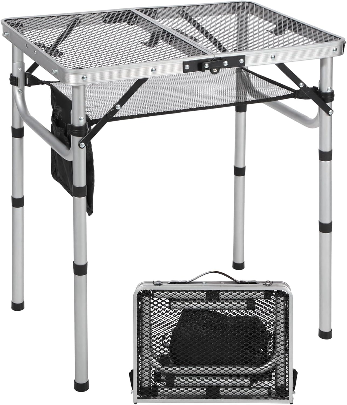 RedSwing Folding Grill Table, Lightweight Height Adjustable Aluminum Table with Mesh Desktop and Mesh Bag for Outdoor Camping Picnic BBQ, 2 Feet, Sliver