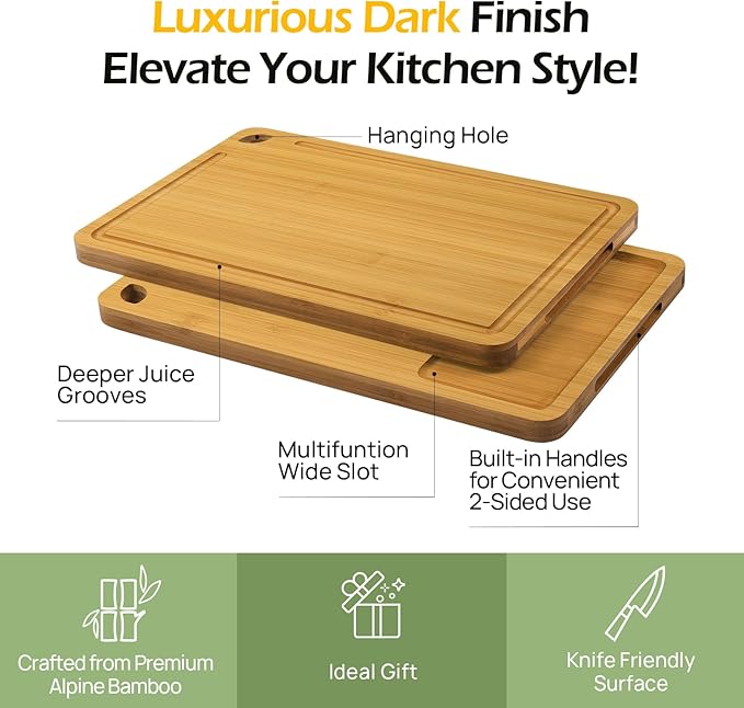 Chopping Board Duo 2-Pcs Natural Bamboo With Juice Channels & Knife-Friendly Finish For Versatile Kitchen Use, Ideal Charcuterie & Chopping Multi-Use