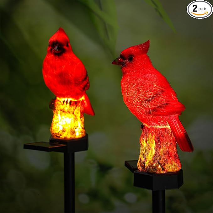 2 Pack Cardinal Solar Lights Cardinal Outdoor Decor Red Bird Solar Light Bird Figurine Garden Stake for Pathway Garden Lawn Yard Cemetery Decoration