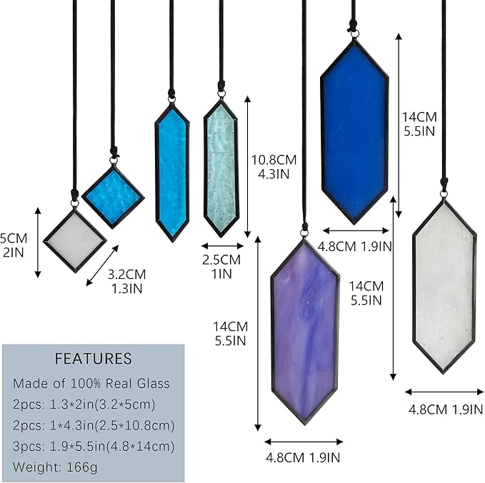 HDCRYSTALGIFTS Stained Glass Window Hanging Suncatchers - 7 Pieces Handcrafted Element Earth Tones Set,Modern Blue Wall Art Sun Catchers Indoor Window Glass Decor Gifts for Mom,Grandma
