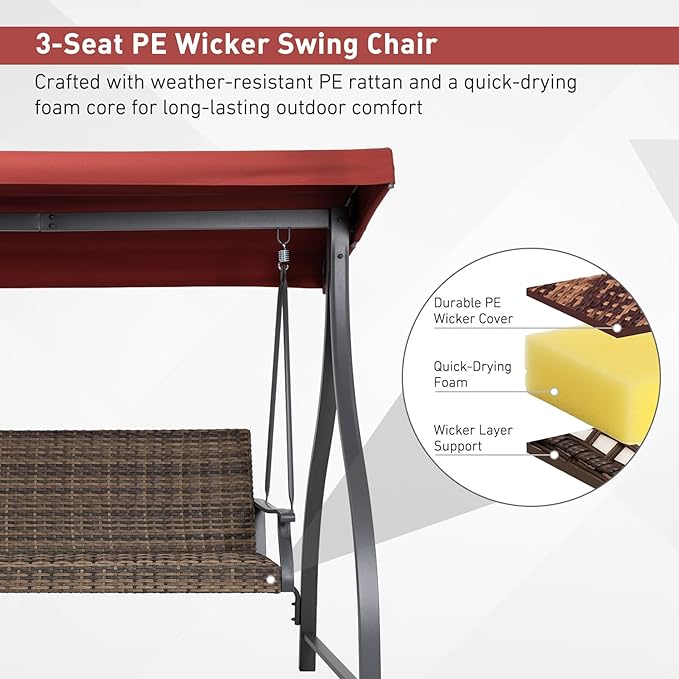 BPS 3 Seat Outdoor Porch Swing with Adjustable Canopy, PE Wicker Patio Swing Chair with Quick-Drying Foam Seat, 882 LBS Capacity, Proch Swings for Deck, Backyard, and Lawn, Red