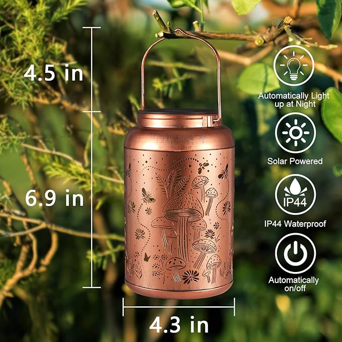 2 Pack Solar Lanterns Outdoor Waterproof, Mushroom Garden Decor Gifts for Women Mom Grandma Hanging Solar Lights Metal Solar Decoration Outside LED Lanterns for Yard, Patio, Lawn
