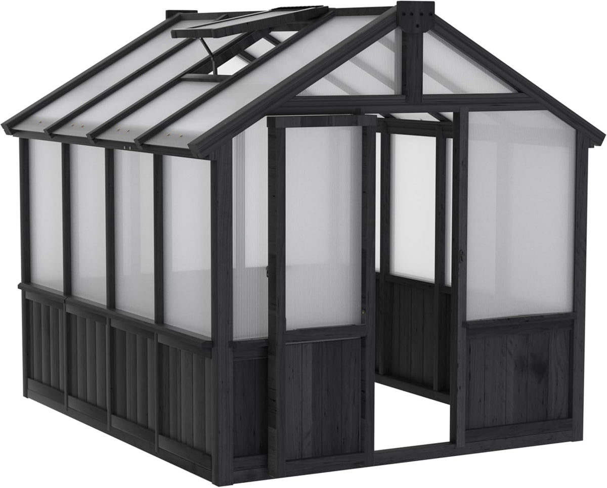 MUPATER 6 x 8 FT Walk-in Wooden Polycarbonate Greenhouse with Ventilated Window & Lockable Door, Multi-Layer PC Panels for UV Protection, Greenhouse Kit for Outdoor, Garden and Backyard, Black