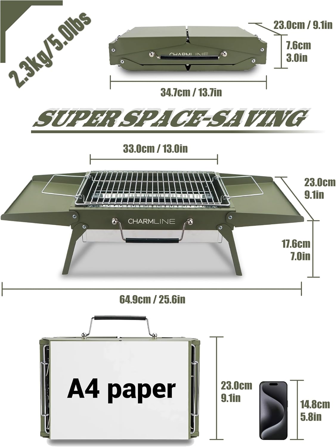 Charmline 14x9inch Small Foldable Portable Charcoal Grill, Compact Portable Grill for Outdoor, Charcoal Grills for Camping, Picnics, Gardens and Beach Parties, Liftable Grilling Net, Green