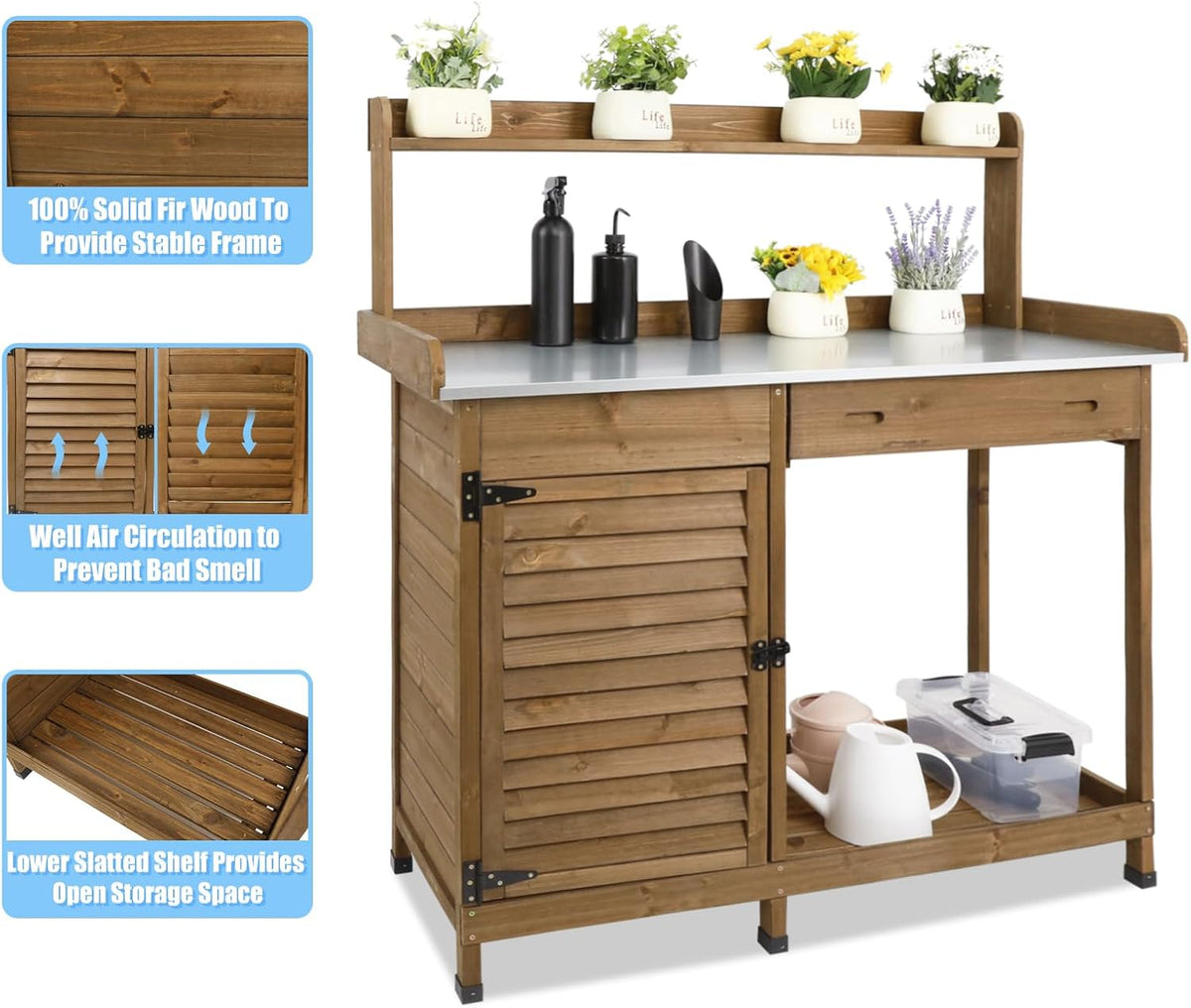 Outdoor Garden Potting Bench Table, 41" L Wooden Potting Table Work Bench for Horticulture, Waterproof Workstation Table with Metal Tabletop/Cabinet/Drawer/Open Shelf (Brown)