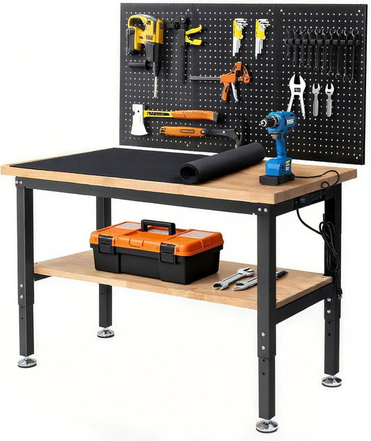 48 Inch Workbench for Garage Adjustable Height Work Bench with Under Table Shelf Pegboard Power Outlets Work Table for Woodworking, Home, Office, Workshop