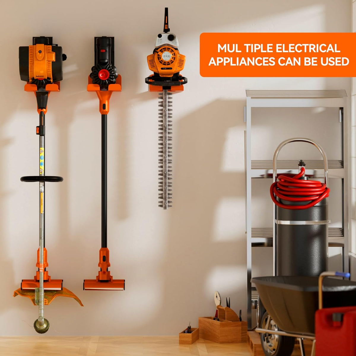 Garage Organizer Trimmer Rack, Garden Power Tool Hanger Weed Whackers Holder Wall Mounted for Grass Trimmer, Hedge Trimmer, Garage Trimmer, Garden Tools,4 Pack(Orange)