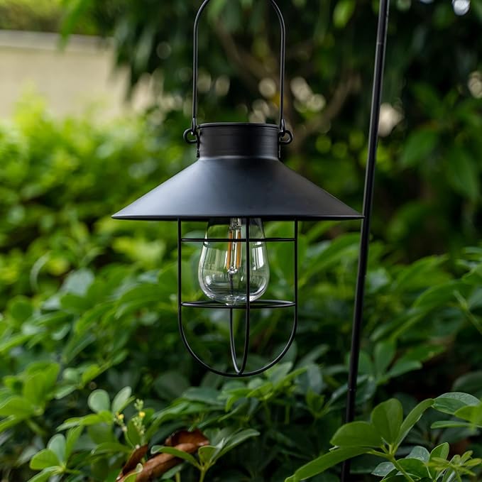 HUYIENO 2Pack Solar Metal Hanging Lantern with Shepherd Hook Outdoor Led Garden Lights Black
