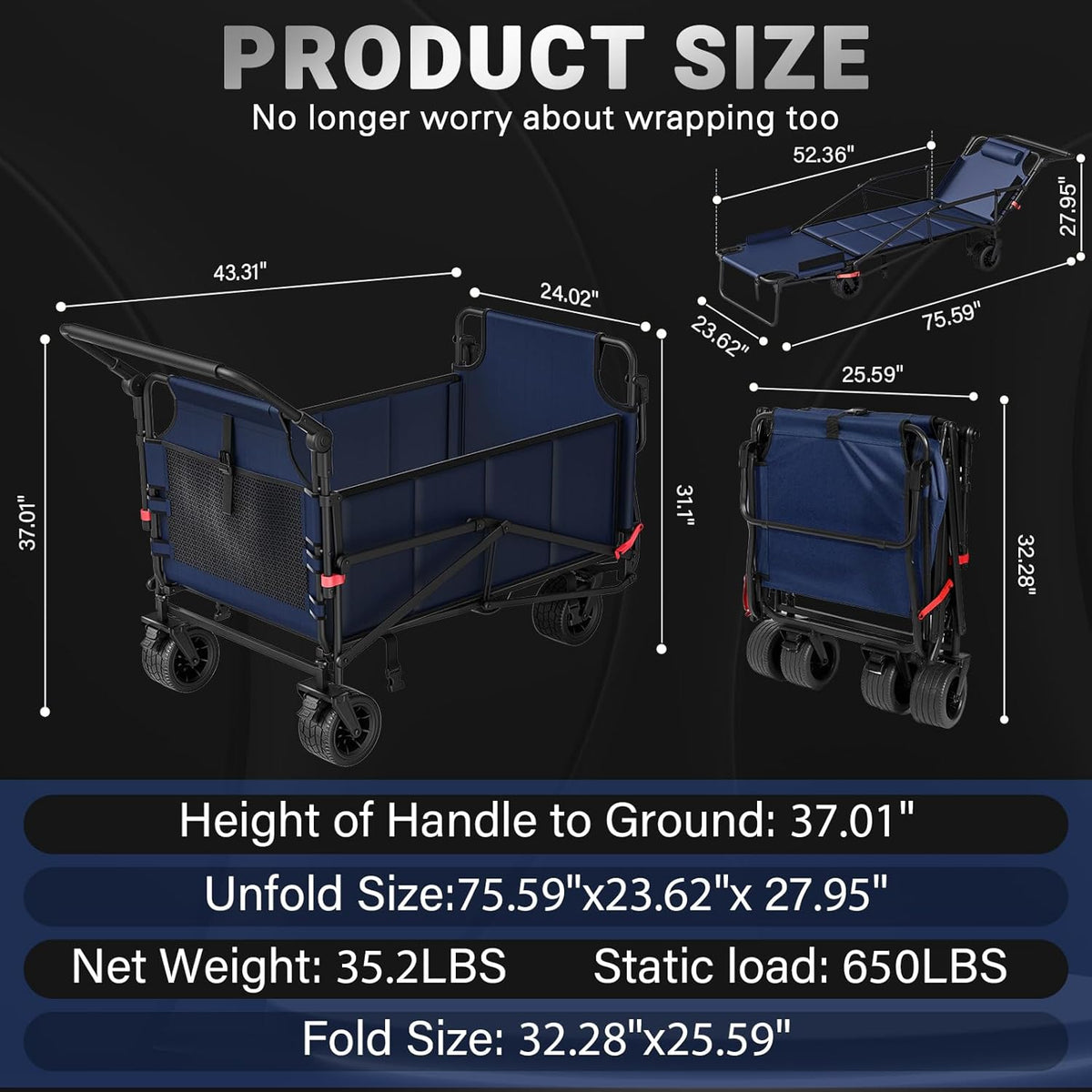 LEVELEVE Heavy Duty Folding Wagon - 2-in-1 Collapsible Cart, 400lb Capacity, All-Terrain Wheels w/Brakes & Side Pockets (Blue)
