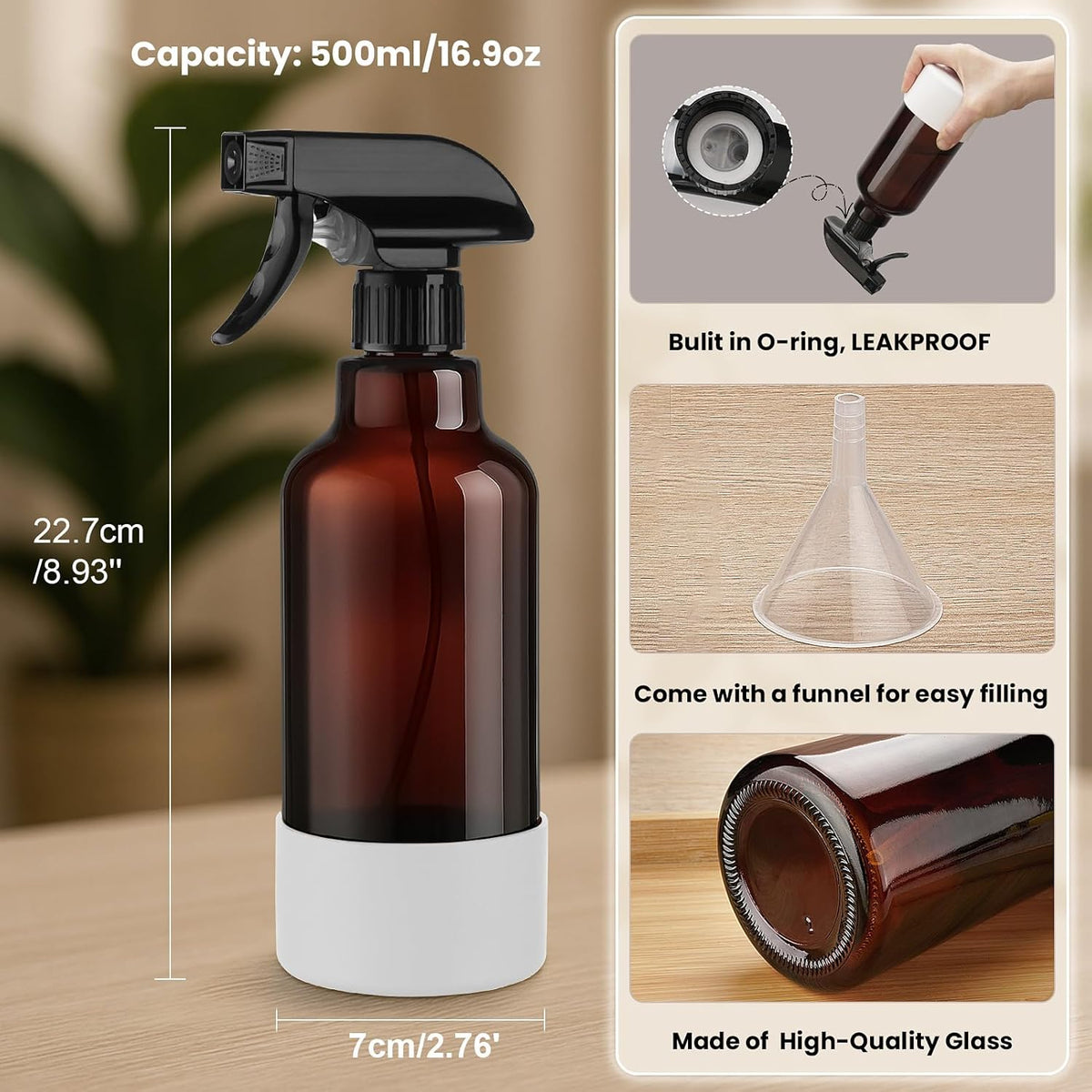 Glass Spray Bottles with Silicone Sleeve 16.9oz 2 Pack Empty Spray Bottle for Hair Mist/Stream Spraying for Cleaning Solutions, Plants, Essential Oils (Brown-grey&white)