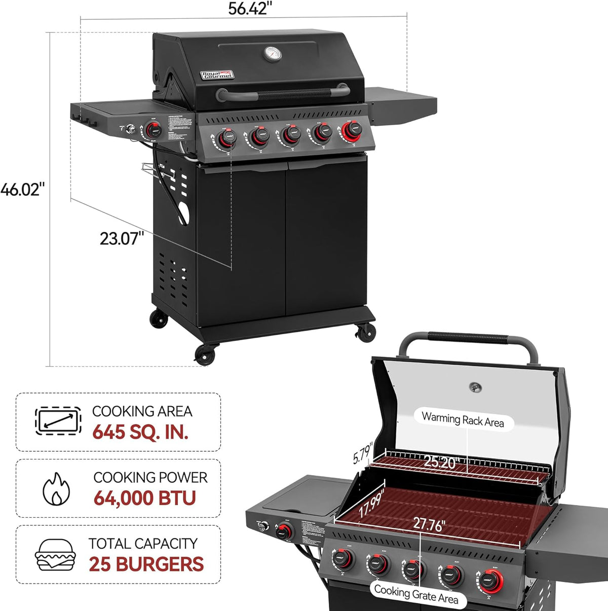Royal Gourmet GA5407H 5 Burner Propane Gas Grill with Foldable Right-Side Table & Warming Rack, Cabinet Style Gas BBQ Grill for Barbecue Grilling & Backyard Cooking, Black