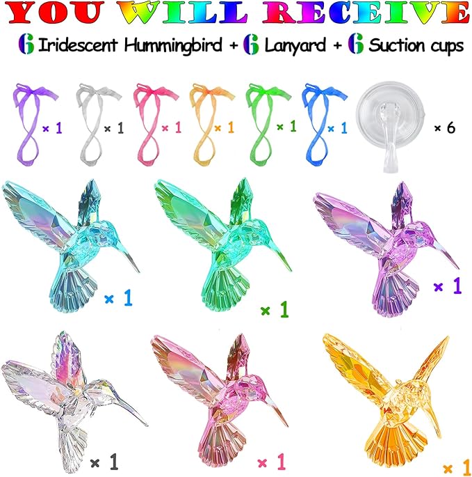 6 Pcs in 6 Colors Set Shiny Iridescent Hummingbird Hanging Ornaments with Suction Cup, Clear Acrylic Crystal Art Hummingbird Figurines Pendants Decorations for Christmas Xmas Tree.