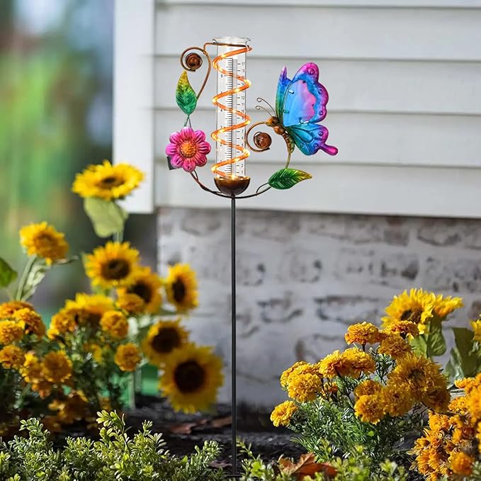 BAYN 36.3” Rain Gauge Outdoor Solar Powered 10 LEDs 7” Tube Garden Butterfly Metal Decorative Stake with Waterproof Large Glass Tube Rain Guage for Yard, Garden, Patio, Lawn