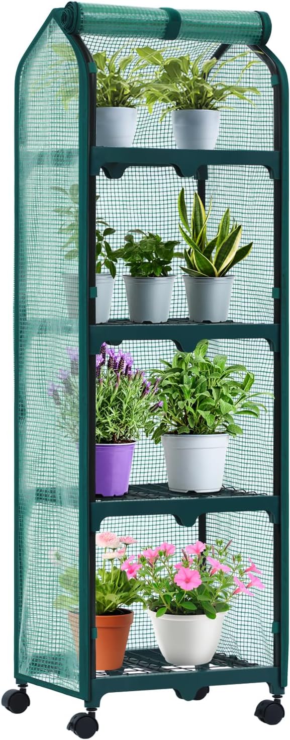 Ohuhu Mini Greenhouse for Indoor Outdoor, Small Plastic Plant Green House with Locking Wheels Portable Greenhouses with Durable Cover for Seedling, Ideal Gardening Gifts for Women Men Green