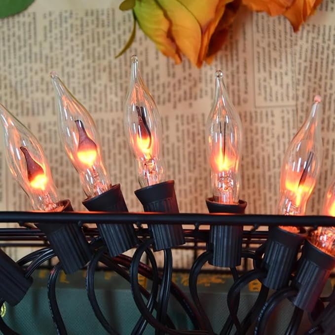 12.8Ft Christmas Lights Flickering Flame String Lights with 12 Pack Clear C7 Flame Light Bulbs（2 Spare）, Great for Indoor Outdoor Home Patio Party Christmas Decorations Lights, 1W, E12 Base