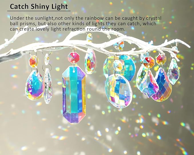 15pcs Colorful Crystal Suncatcher Hanging Chandelier Prisms Pendant with Crystal Octagon Bead Decor for Home Garden Wedding DIY Ornament