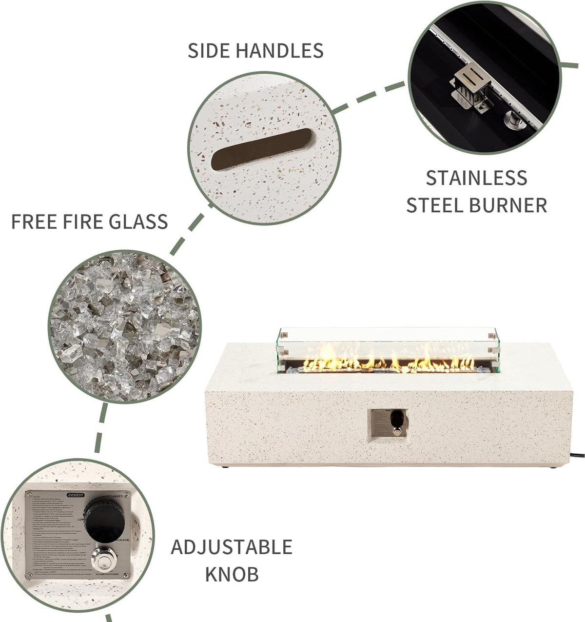 COSIEST Outdoor Propane Fire Pit Table, 56" x 28" Rectangle Terrazzo White Concrete-Like Finish, CSA Certified, 50,000 BTU Stainless Steel Burner w Transparent Gray Fire Glass, Wind Guard, Raincover