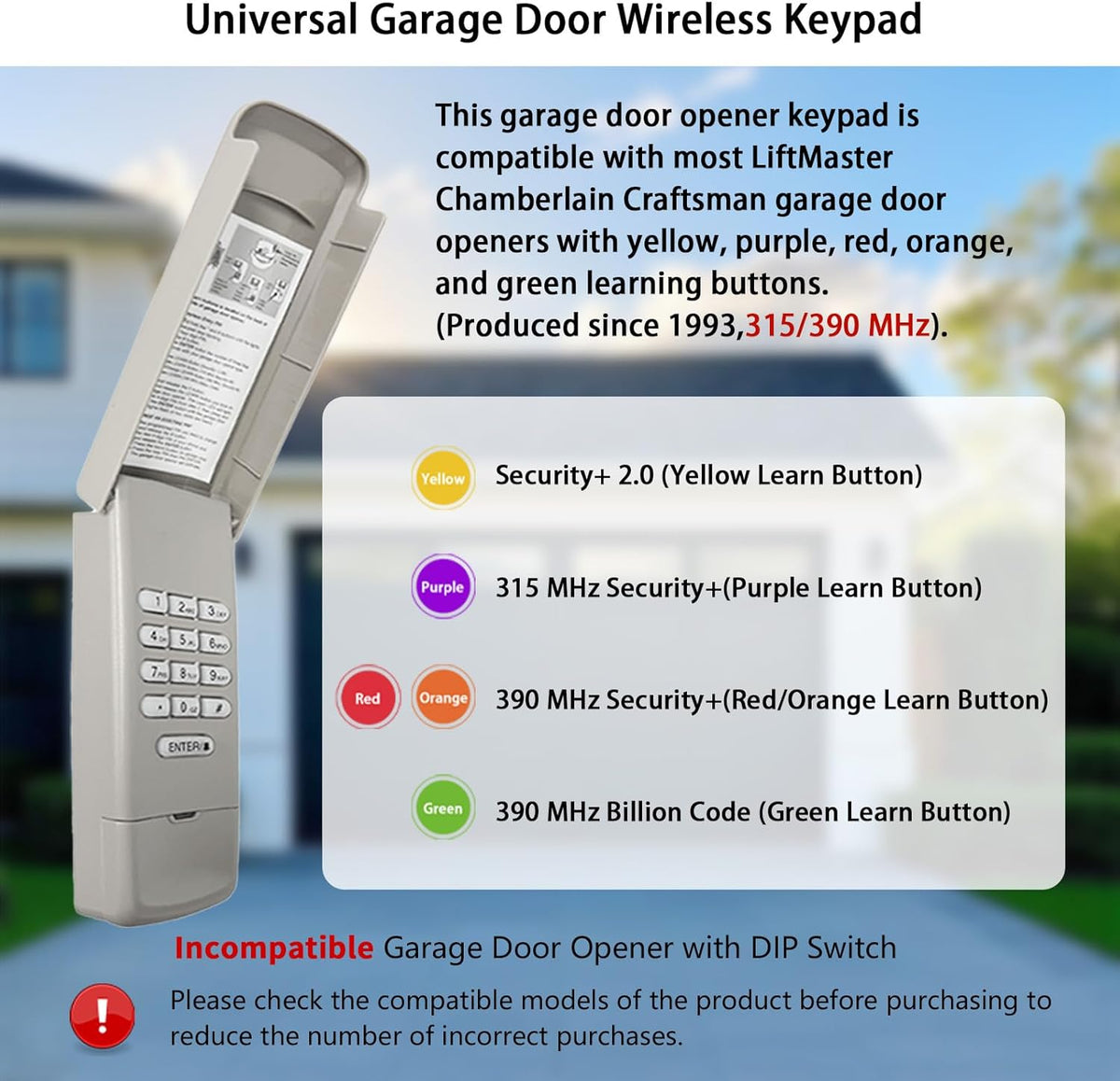 Garage Door Opener Keypad Compatible with Liftmaster Chamberlain Craftsman Garage Door Opener Universal Keypad Wireless Keyless Entry Outside Remote with 315/390 MHZ Learn Button Since 1993