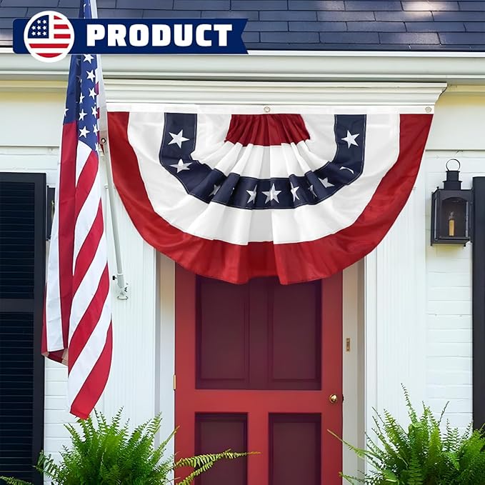 3Pack USA Pleated Fan Flag, 2x4 Feet American Bunting 4th of July Decorations Flags Patriotic Decor Embroidered Stars & Sewn Stripes Canvas Header Brass Grommets for Outside Porch Garden