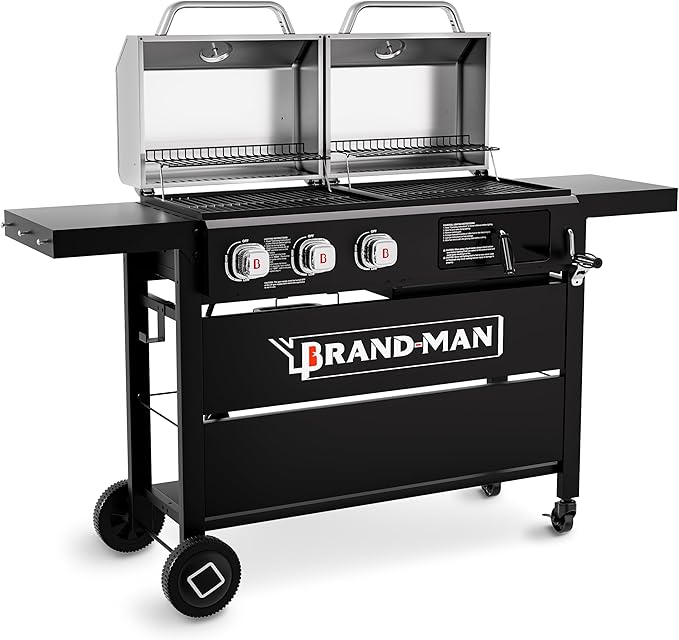 Brand-Man Propane Gas and Charcoal Grill Combo, Dual Fuel BBQ Combo Grill with Stainless Steel Dual Lids & 2 Side Shelves for Outdoor Kitchen & Backyard Barbecue Cooking