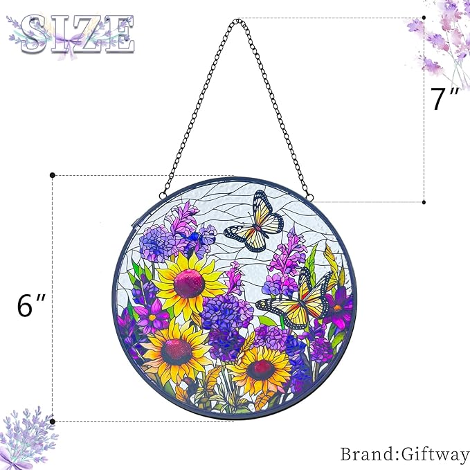 Butterfly Sunflower Stained Glass Suncatchers - Handcrafted Round Glass Art for Windows & Doors Décor - Decoration for Home Garden Christmas Party Wedding Housewarming Gifts