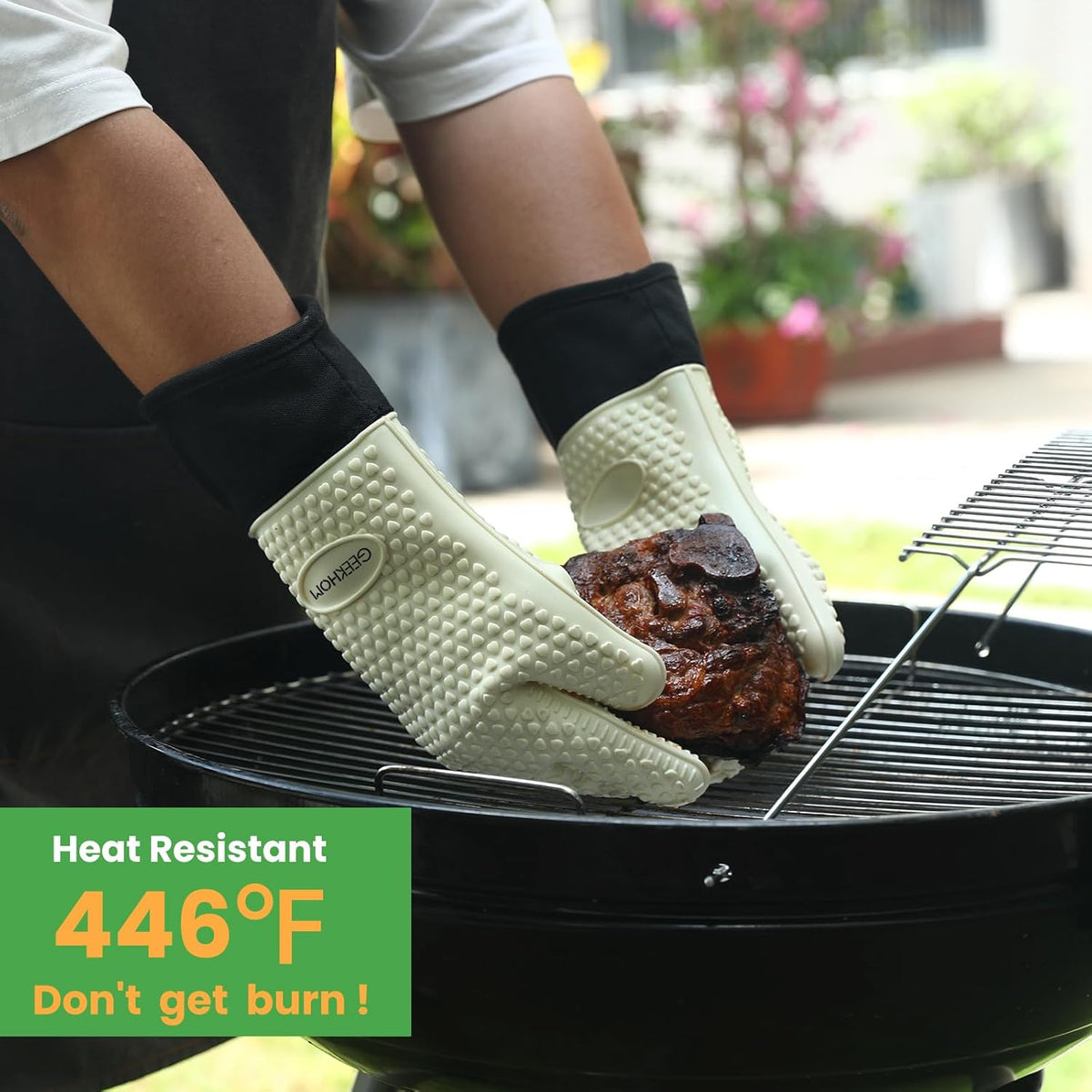 GEEKHOM BBQ Gloves Heat Resistant Oven Mitts - Silicone Grilling Gloves with 13.7" Arm Protection - Waterproof Pot Holder Non-Slip for Men & Women, Kitchen Outdoor Cooking, Baking, Camping, Mint Beige