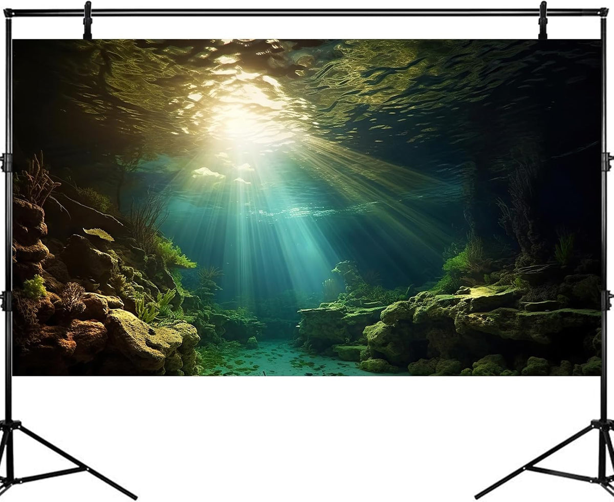 Fish Tank Background Under The Sea Aquarium Background Ocean Floor Sunray Rock Terrarium Backgrounds Coral Reef Aquatic Plants Underwater Cave Aquarium Wallpaper for Fish Tank Decorations 60x24in
