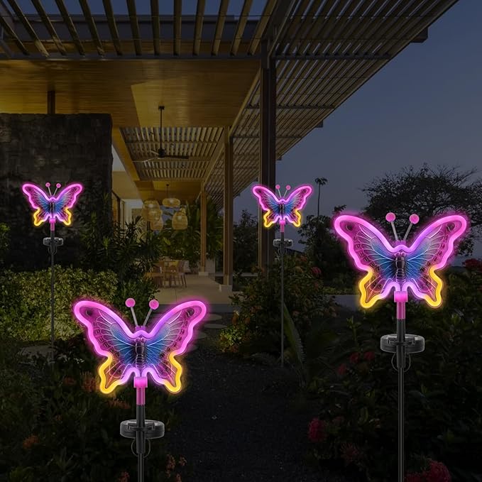 Butterfly Solar Lights, Solar Butterfly Outdoor Light, Garden Decor,Neon Butterfly Garden Lights for Outside, Yard, Pathways,Patio, Lawn, or Landscaping Decor (Amaranth, 2 Pack)