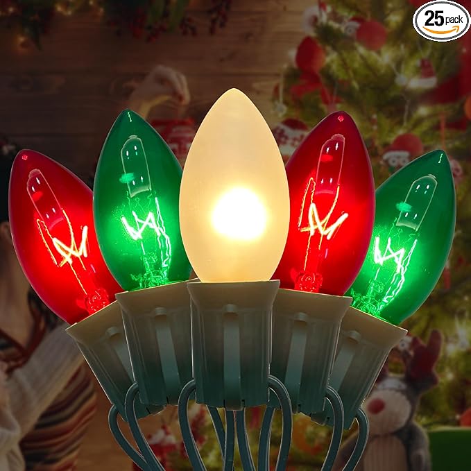25FT C9 Christmas Lights Outdoor,Red White Green Christmas Lights with 26 Bulbs(1 Spare),C9/ E17 Base,Vintage Colored Christmas Lights for Garden, Yard, Party, Christmas Tree Decorations
