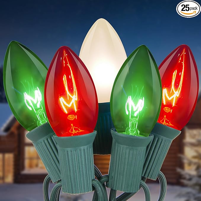 25ft C9 Clear Incandescent Christmas Lights - Red, White, Green Outdoor String With 26 Multicolor Bulbs - Waterproof Plug-In for Roofline, Tree, Garden Decor
