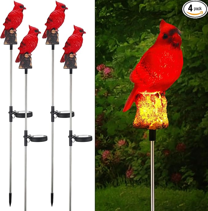 4 Pack Solar Cardinal Stake Light Cardinal Decor Garden Red Bird Figurine Memorial Solar Light Outdoor Pathway Yard Lawn Ornaments for Spring Easter Mothers Day Gifts Decorations Outside Women