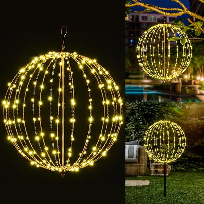Christmas Ball Light Sphere, 20IN 200LED Hanging Tree Light and Pathway Lights with Hook and Stake, Foldable Metal Frame Light Ball for Outdoor Garden, UL Listed, Brown Frame, Warm White