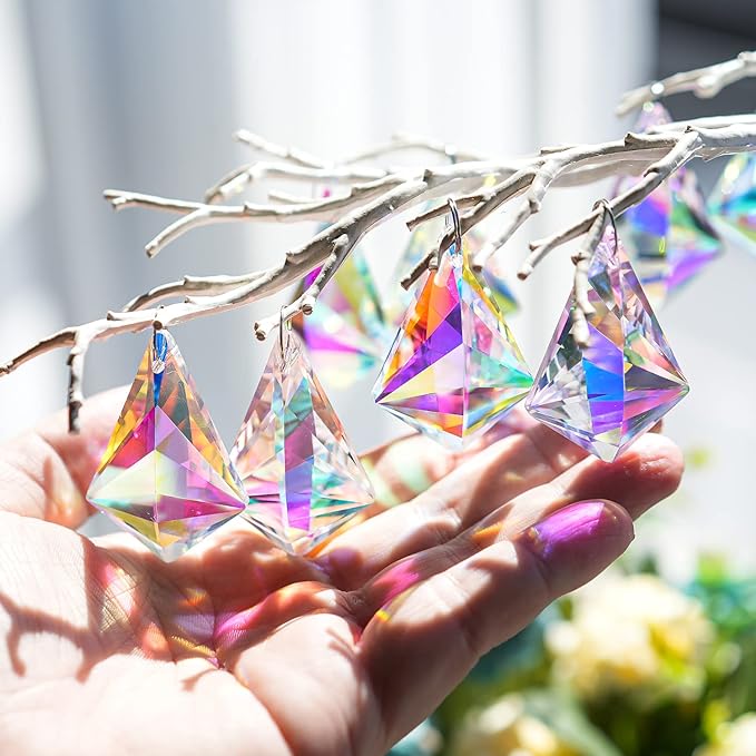 50mm Sun Catchers with Crystals, 10 Pcs Hanging Crystals Suncatchers for Windows, Colored Horns Crystals Prisms,Glass Pendant Suncatchers for Chandeliers, Garden, Christmas Tree Decor
