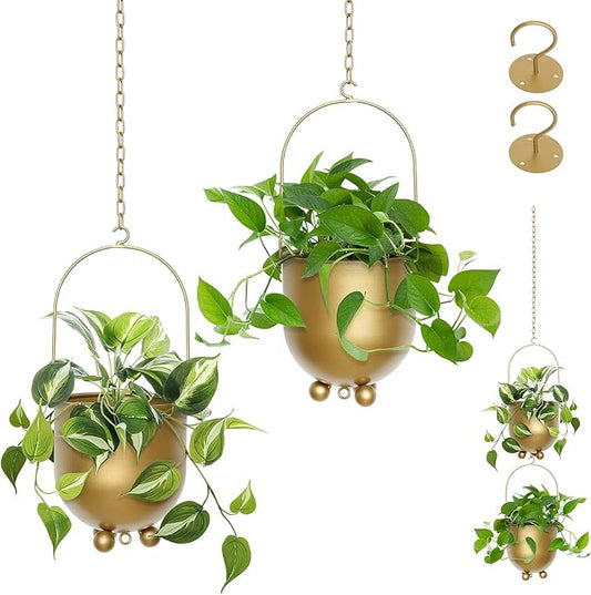 AceList Boho Gold Metal Hanging Planters, Set of 2 with Hooks & Chains - Versatile Wall & Ceiling Plant Hangers for Indoor/Outdoor Décor