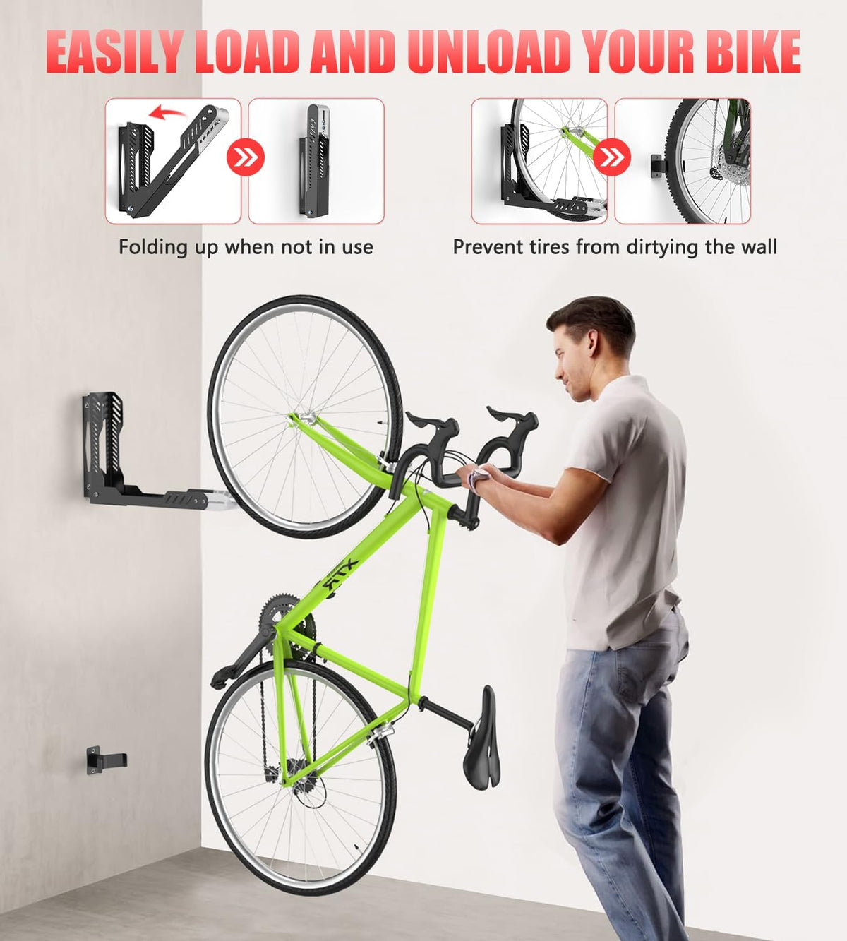 Swivel Bike Wall Mount, Space Saving Bike Rack Garage, No Heavy Lifting Required Bicycle Wall Mount, Vertical Wall Bike Hanger Can Holds up to 77 lbs, Black