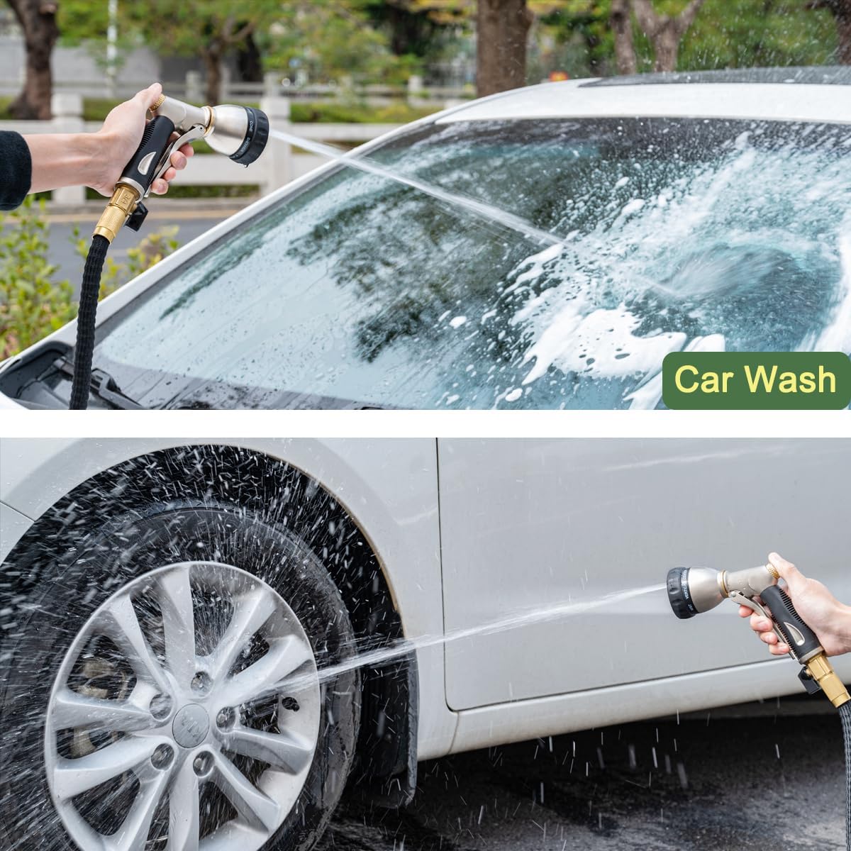 FANHAO Heavy Duty Garden Hose Nozzle, 100% Metal Water Nozzle with 8 Adjustable Spray Patterns, High Pressure Hose Sprayer with Non-Slip Grip for Watering Plants & Lawns, Washing Cars & Pets -Silver