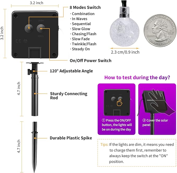 Brightown Solar String Lights Outdoor 60 Led 35.6 Feet Crystal Globe String Lights with 8 Lighting Modes, Waterproof Solar Powered Patio Lights for Garden Yard Porch Decor (Purple)