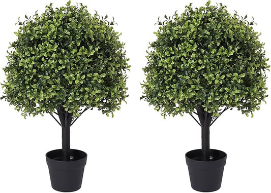 27“ Realistic Artificial Boxwood Topiary Trees Set of 2, Faux Boxwood Plants Outdoor UV-Resistant, No Maintenance Curb Appeal Fake Evergreen Bushes & Shrubs for Front Porch Outside Planter Decor