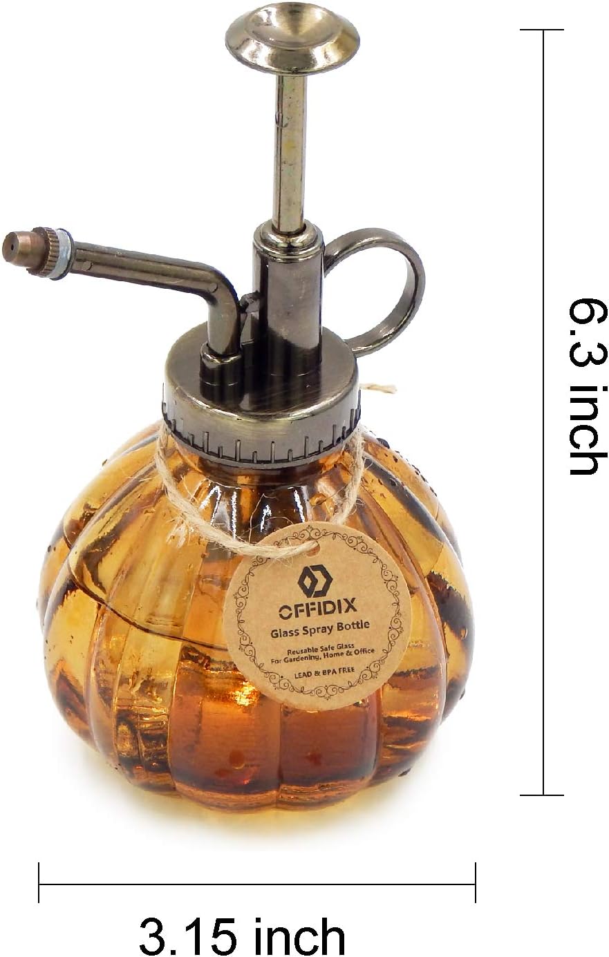 OFFIDIX Glass Watering Spray Bottle,Plant Mister Flower Water Spray Bottle Can Pot 6.3" Tall Vintage Pumpkin Style Spritzer Bronze Plastic Top Pump One Hand Glass Watering Can Indoor(Brown)